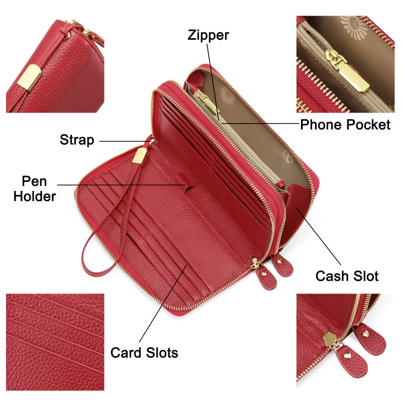 SENDEFN Leather Women Wallet RFID Blocking Zipper Around Phone Holder Clutch Wristlet Large Capacity - Image 3