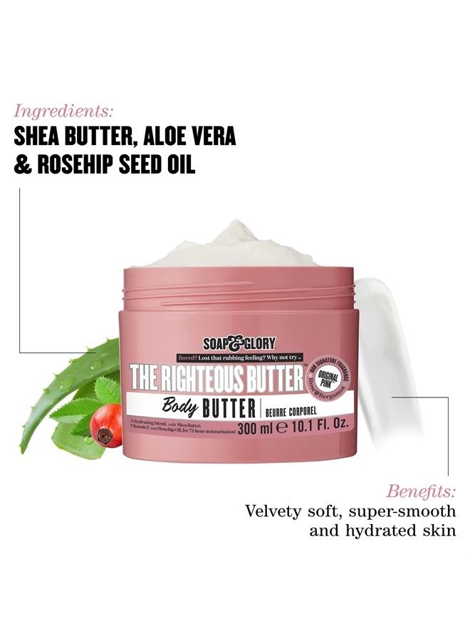 Soap & Glory زبدة الجسم المرطبة ذا رايتيوس باتر - مرطب الجسم بترطيب البشرة مع فيتامين E وزيت بذور الورد وزبدة الشيا - كريم غني للجسم لبشرة ناعمة وسلسة (300 مل) - Image 3