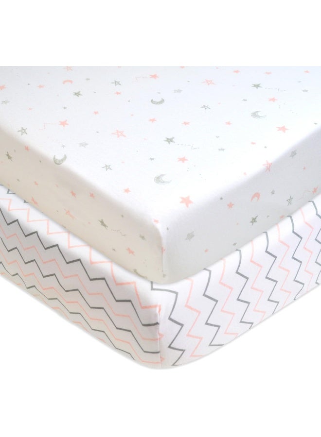 American Baby Company American Baby Company 2 Pack Printed 100% Cotton Jersey Knit Fitted Crib Sheet for Standard Crib and Toddler Mattresses, Pink Stars/Zigzag, for Girls  - Image 1