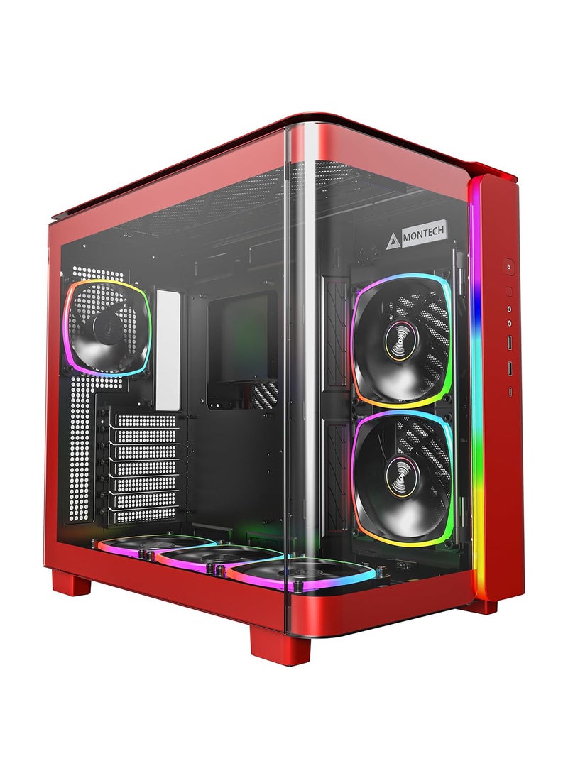 MONTECH - King 95 PRO Dual-Chamber ATX Mid-Tower PC Gaming Case, High-Airflow, Toolless Panels, Sturdy Curved Tempered Glass Front, 6 ARGB PWM Fan Pre-Installed with Fan Hub, Red - Image 1