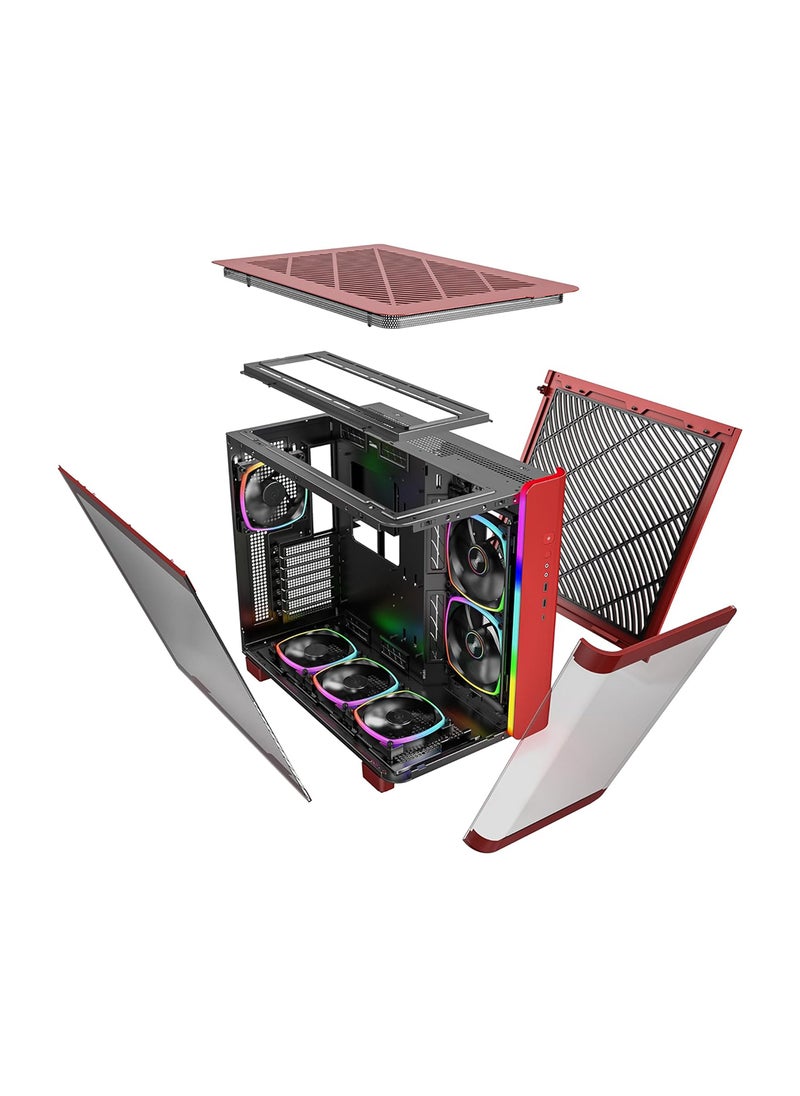 MONTECH - King 95 PRO Dual-Chamber ATX Mid-Tower PC Gaming Case, High-Airflow, Toolless Panels, Sturdy Curved Tempered Glass Front, 6 ARGB PWM Fan Pre-Installed with Fan Hub, Red - Image 1