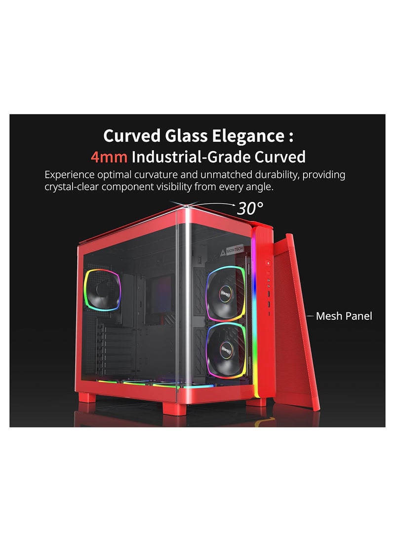 MONTECH - King 95 PRO Dual-Chamber ATX Mid-Tower PC Gaming Case, High-Airflow, Toolless Panels, Sturdy Curved Tempered Glass Front, 6 ARGB PWM Fan Pre-Installed with Fan Hub, Red - Image 1
