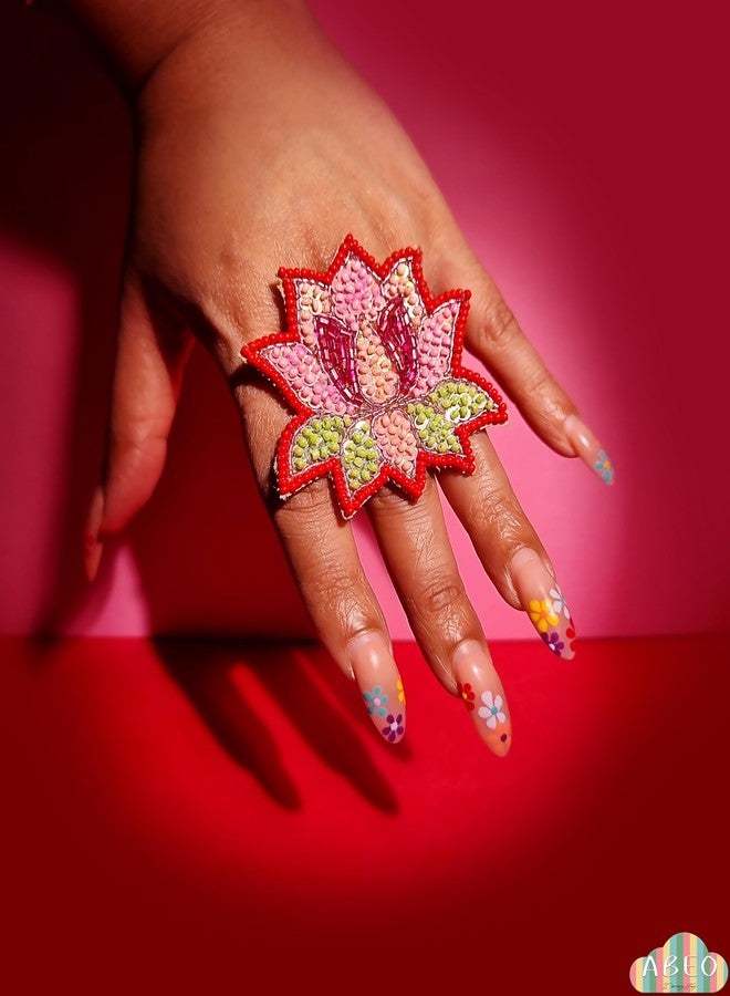 Abeo Handmade Beaded Lotus Ring, Pink Red Green, 3.8 cm Length, Statement Fashion Jewellery - Image 2