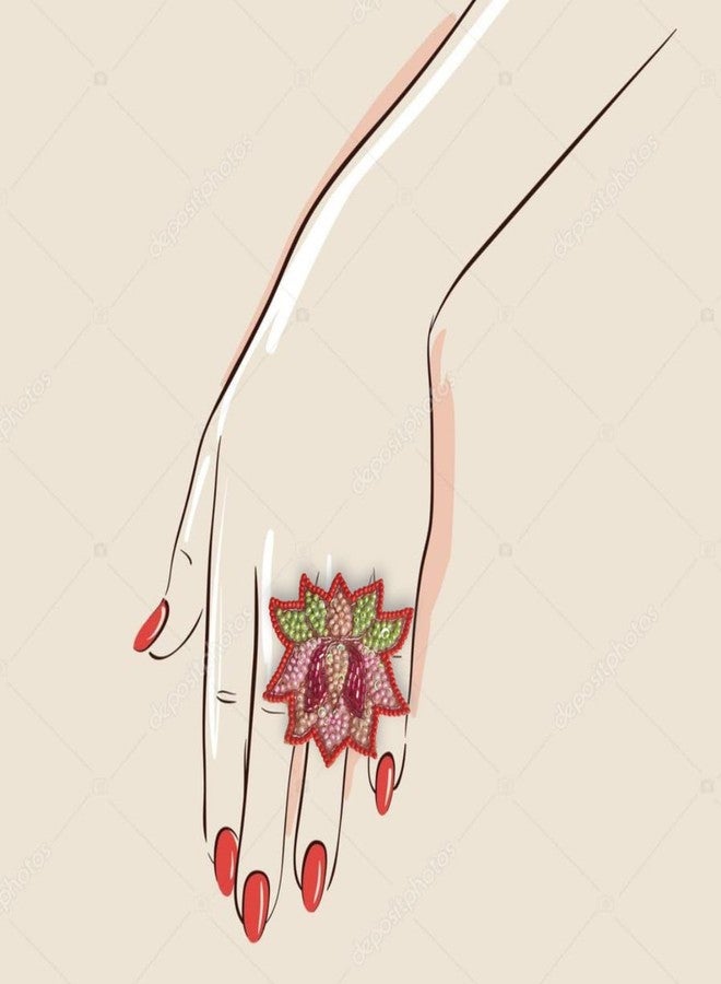 Abeo Handmade Beaded Lotus Ring, Pink Red Green, 3.8 cm Length, Statement Fashion Jewellery - Image 4