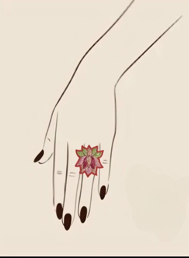 Abeo Handmade Beaded Lotus Ring, Pink Red Green, 3.8 cm Length, Statement Fashion Jewellery - Image 3
