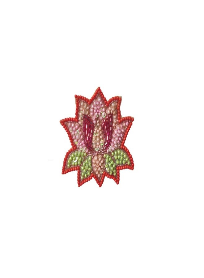 Abeo Handmade Beaded Lotus Ring, Pink Red Green, 3.8 cm Length, Statement Fashion Jewellery - Image 1