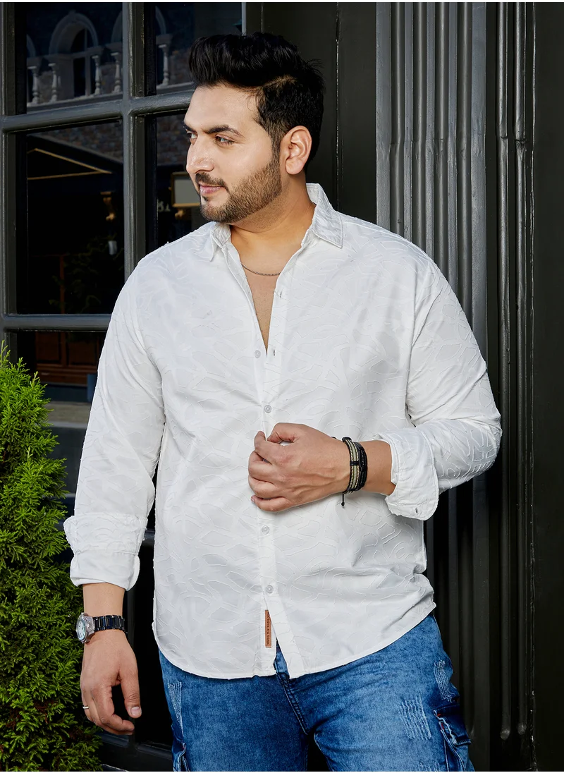 انستافاب بلس Instafab Plus Men's Daisy White Abstract-Edge Shirt For Casual Wear | Spread Collar | Long Cuffed Sleeves | Button Closure | Plus Size Shirt Crafted With Comfort Fit For Everyday Wear