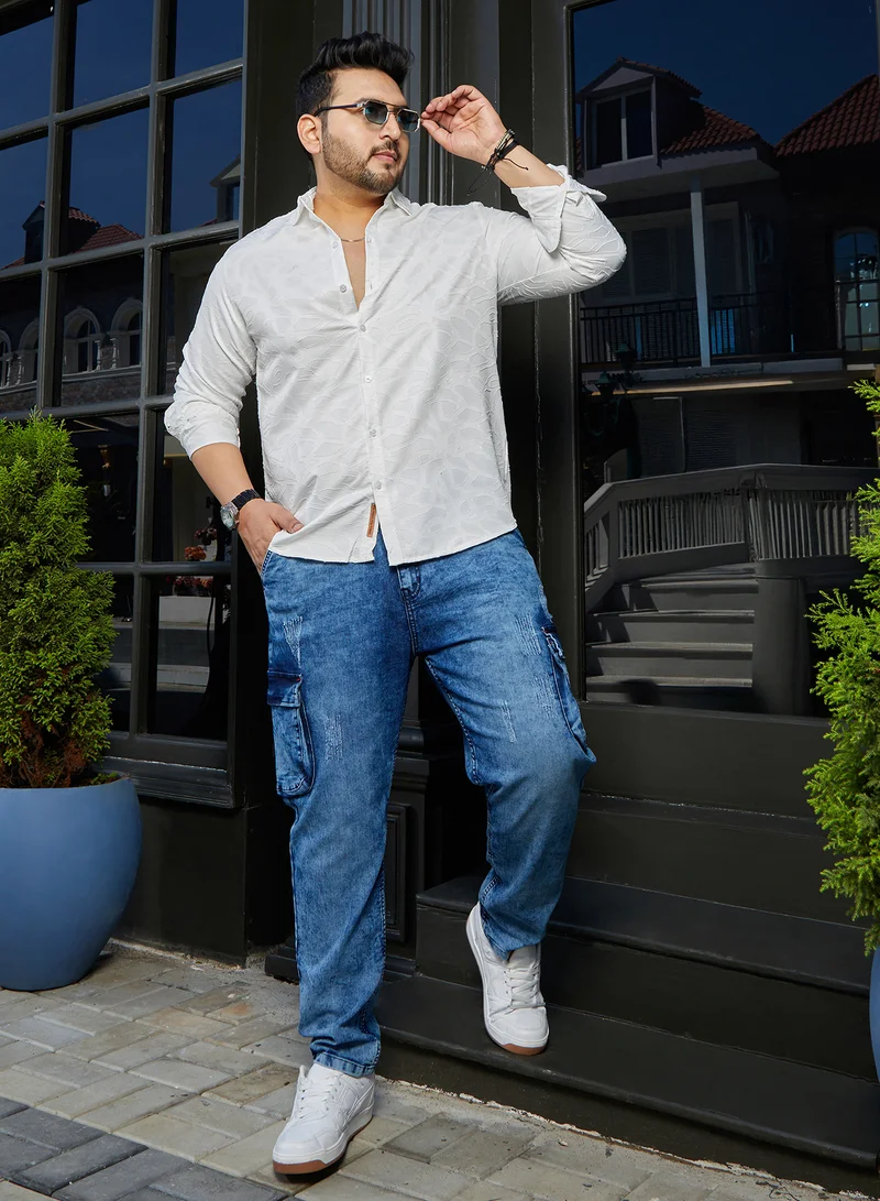 Instafab Plus Instafab Plus Men's Daisy White Abstract-Edge Shirt For Casual Wear | Spread Collar | Long Cuffed Sleeves | Button Closure | Plus Size Shirt Crafted With Comfort Fit For Everyday Wear