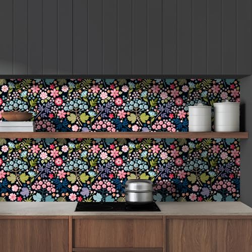 VaryStyle Colorful Floral Wallpaper Dark Black Floral Peel and Stick Wallpaper for Bathroom Nursery 17.7"x118" Removable Self Adhesive Cute Flower Patterned Colorful Contact Paper for Cabinets Walls - Image 2