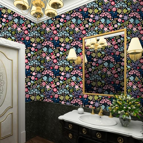 VaryStyle Colorful Floral Wallpaper Dark Black Floral Peel and Stick Wallpaper for Bathroom Nursery 17.7"x118" Removable Self Adhesive Cute Flower Patterned Colorful Contact Paper for Cabinets Walls - Image 4
