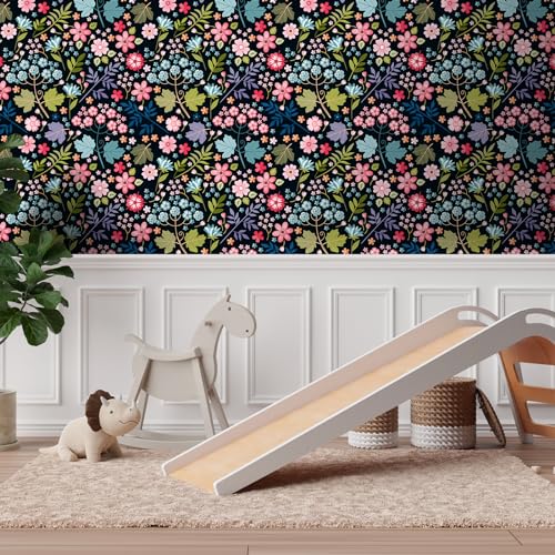 VaryStyle Colorful Floral Wallpaper Dark Black Floral Peel and Stick Wallpaper for Bathroom Nursery 17.7"x118" Removable Self Adhesive Cute Flower Patterned Colorful Contact Paper for Cabinets Walls - Image 3
