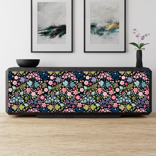 VaryStyle Colorful Floral Wallpaper Dark Black Floral Peel and Stick Wallpaper for Bathroom Nursery 17.7"x118" Removable Self Adhesive Cute Flower Patterned Colorful Contact Paper for Cabinets Walls - Image 5