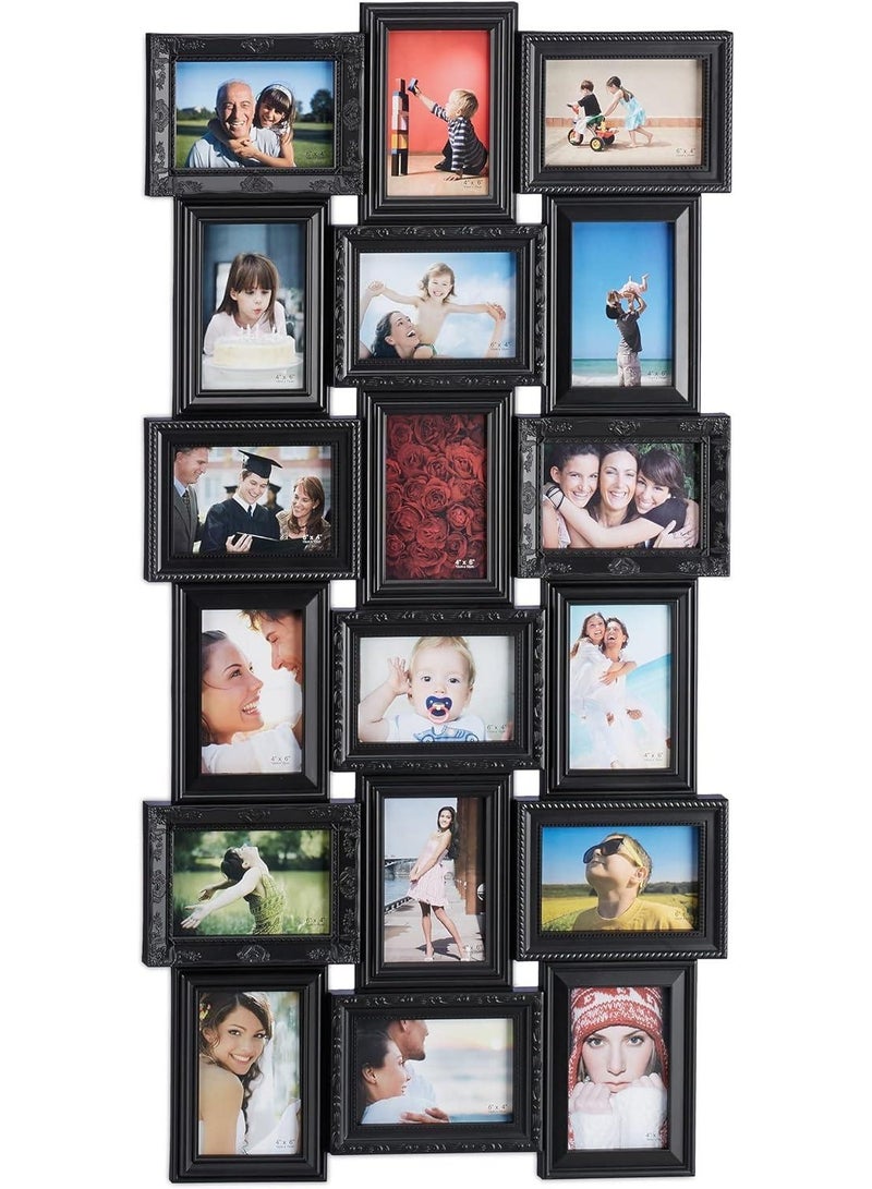 Family photo frame, 18 photos, 3D, black, made of plastic and glass, with interlocking photo brackets on the back. Can be hung horizontally or vertically. Dimensions: 103 x 54 cm
