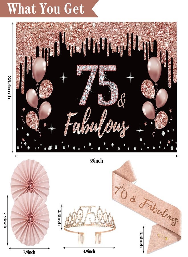 Uiorgui 75th Birthday Decorations for Women, 33pcs 75th Crown and Sash, Black Rose Gold Happy 75th Birthday Banner Balloons Backdrop Hanging Swirls Paper Fans, 75 Years Old Bady Decorations Kit - Image 3