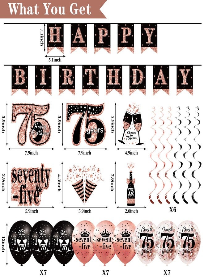 Uiorgui 75th Birthday Decorations for Women, 33pcs 75th Crown and Sash, Black Rose Gold Happy 75th Birthday Banner Balloons Backdrop Hanging Swirls Paper Fans, 75 Years Old Bady Decorations Kit - Image 2