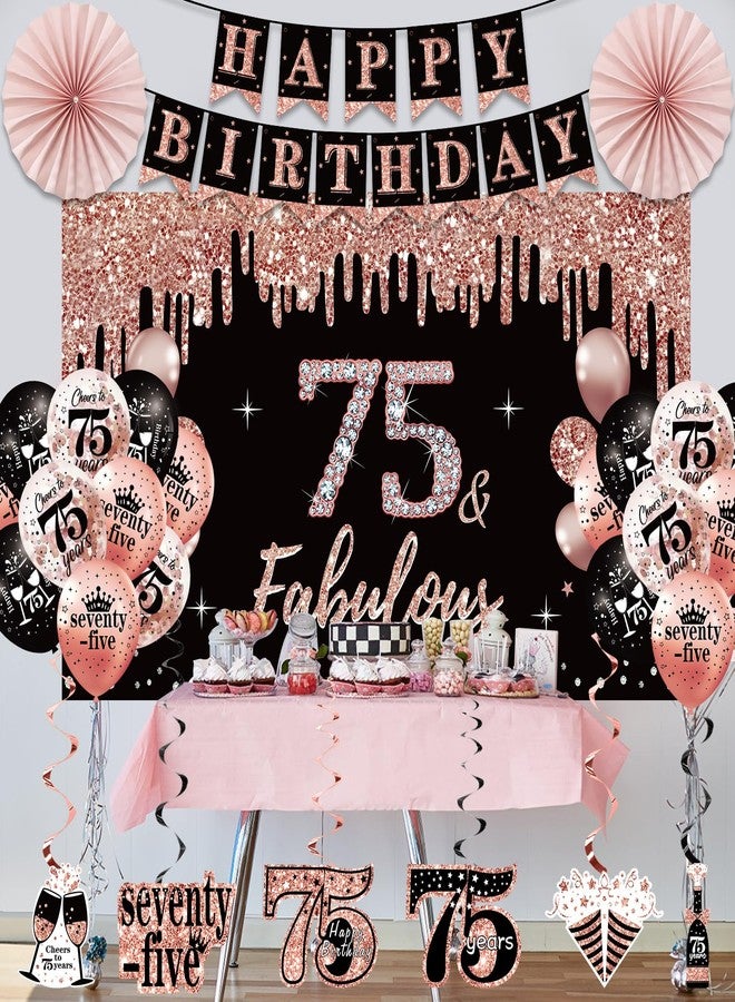 Uiorgui 75th Birthday Decorations for Women, 33pcs 75th Crown and Sash, Black Rose Gold Happy 75th Birthday Banner Balloons Backdrop Hanging Swirls Paper Fans, 75 Years Old Bady Decorations Kit - Image 5
