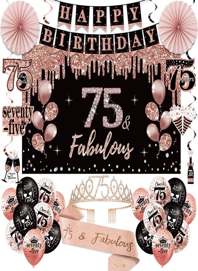 Uiorgui 75th Birthday Decorations for Women, 33pcs 75th Crown and Sash, Black Rose Gold Happy 75th Birthday Banner Balloons Backdrop Hanging Swirls Paper Fans, 75 Years Old Bady Decorations Kit - Image 1