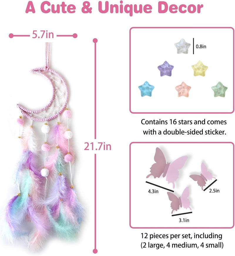 Fun-Plus Pink Dream Catcher Wall Hanging Set - 10 Butterflies & 16 Stars, Boho Room Decor for Girls, Easy Peel & Stick Wall Art for Bedroom, Nursery, Teen Room for Daughter, Birthday, Christmas - Image 2