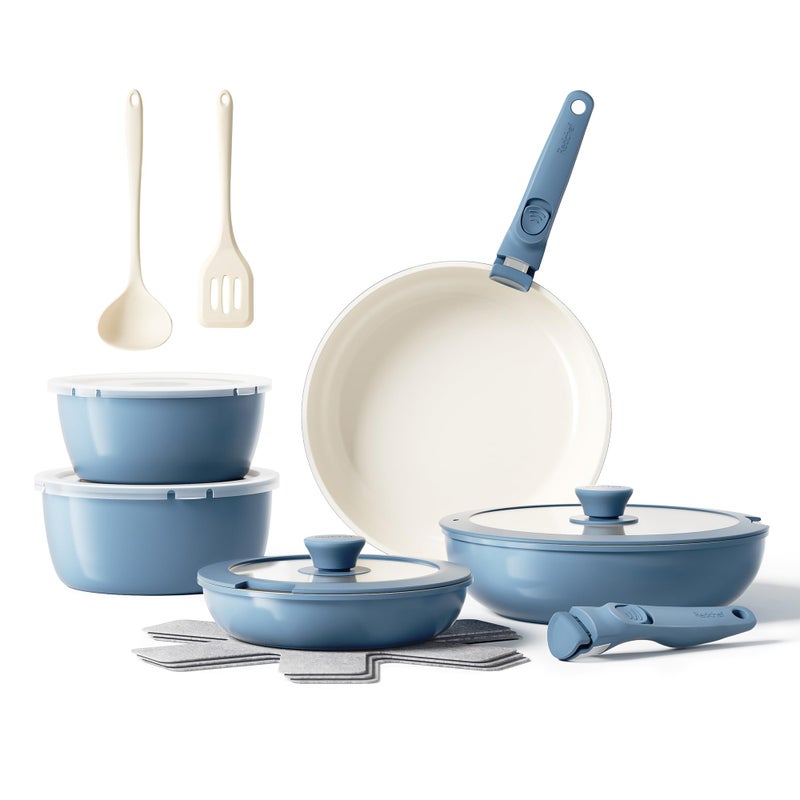 Redchef 16pcs Ceramic Nonstick Pots and Pans Set, Kitchen Cookware Set with Removable Handle, Non Toxic Cookware Set, PFAS PFOA & PTFE Free, RV Ceramic Cookware for Camping, Dishwasher/Oven Safe - Image 1