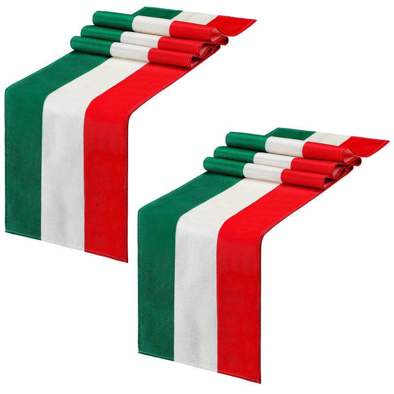 كينغدر 2 قطع مفرش طاولة إيطالي مزين بموضوع إيطالي 13 × 72 مفرش طاولة من الكتان مخطط بالأحمر والأخضر والأبيض للديكور المنزلي ومطبخ غرفة الطعام العشاء