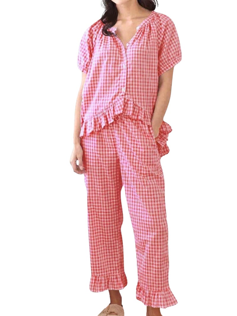 codcm Womens Gingham Pajama Set 2 Piece Short Sleeve Babydoll Shirt and Pants Lounge Set Cute SleepwearRedMedium