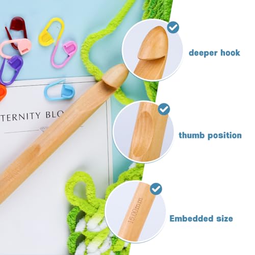 Dercuy Wooden Crochet Hooks, 15mm Wooden Handle Crochet Hook Bamboo Knitting Crochet Needles with 10 pcs Knitting Stitch Markers for Handcraft Crocheting - Image 4