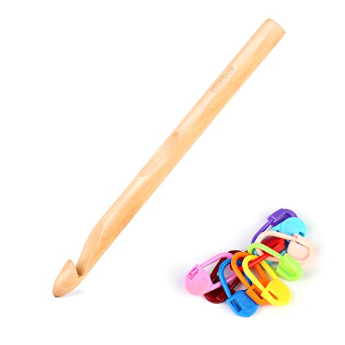Dercuy Wooden Crochet Hooks, 15mm Wooden Handle Crochet Hook Bamboo Knitting Crochet Needles with 10 pcs Knitting Stitch Markers for Handcraft Crocheting - Image 1