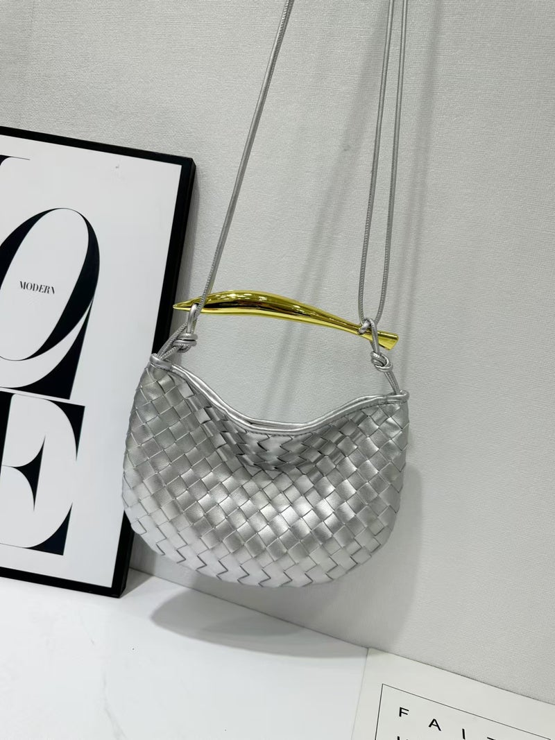 New Sardine Woven Women'S Bag Genuine Leather High-End Niche Design Handbag Metal Handle Dumpling Bag Small Size - Image 3