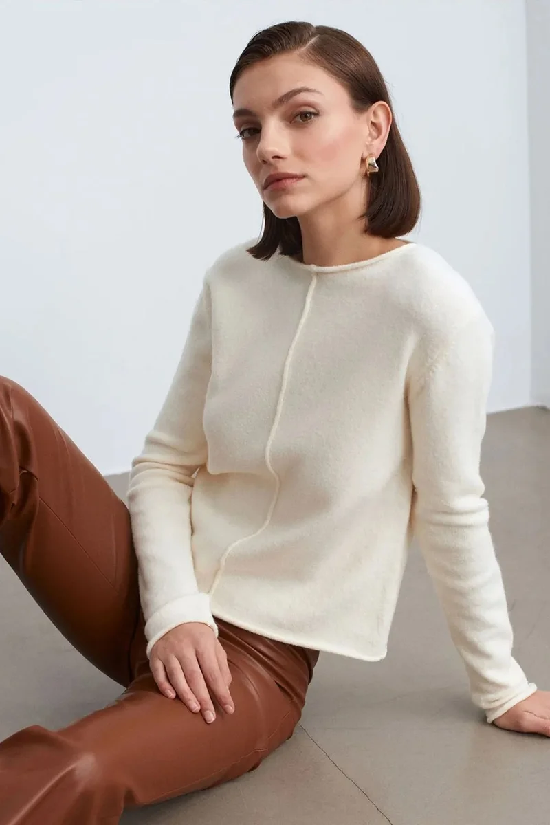 Dilvin Cream Natural DILVIN Women's Boat Neck Ribbed Knit Sweater for Women | Best Price UAE