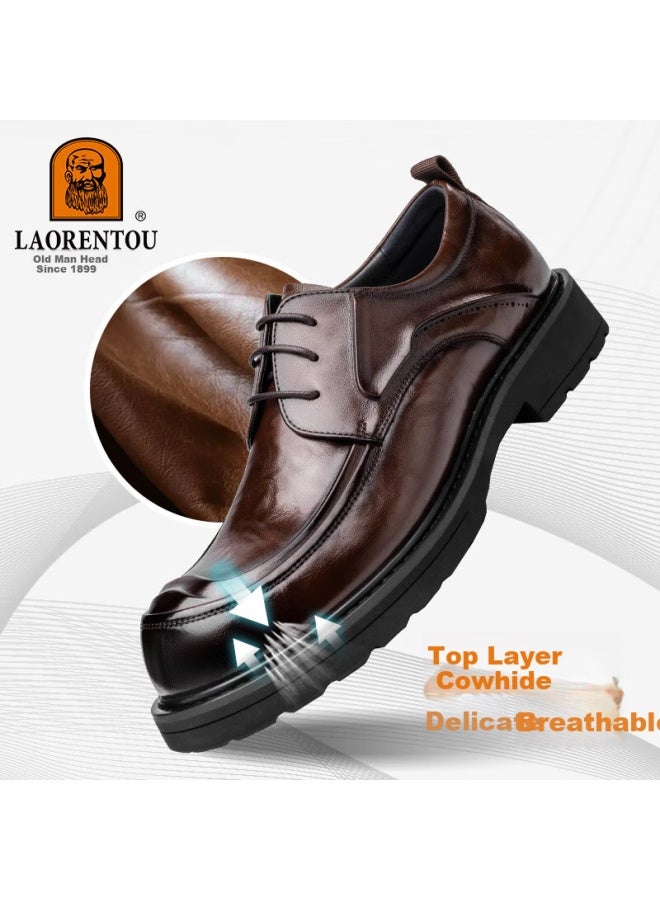 Laorentou Men's Leather Shoes, Business Formal Shoes, Thick-soled Hand-scratched Cowhide, Wide-toe Derby Shoes, La88 Brown, Size 39 - Image 2