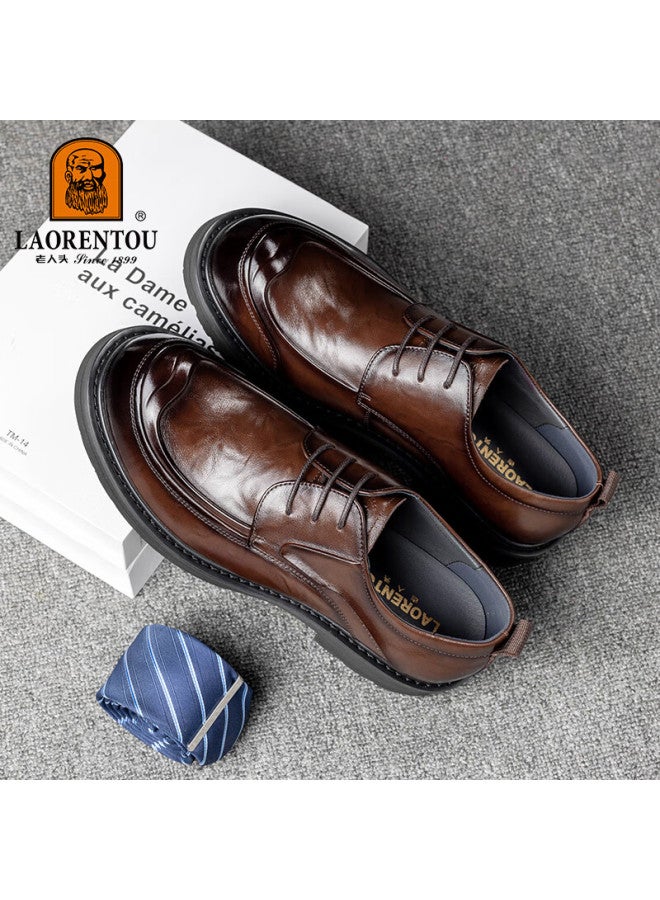 Laorentou Men's Leather Shoes, Business Formal Shoes, Thick-soled Hand-scratched Cowhide, Wide-toe Derby Shoes, La88 Brown, Size 39 - Image 3