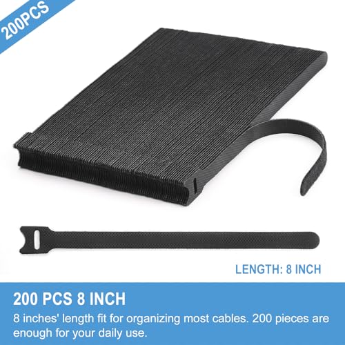QTBLY 200 PCS 8 Inches Reusable Cable Ties | Adjustable Cord Wraps, Cable Straps | Hook & Loop Cord Organizer, Cable Management - Image 2