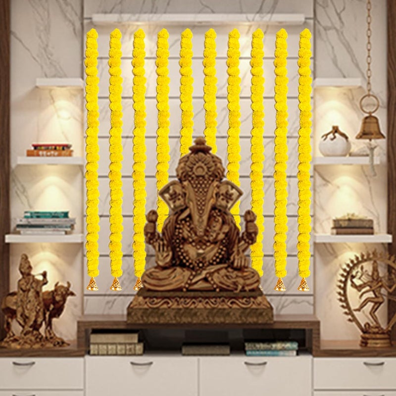 pop colours pop colours Artificial Marigold Flower Garlands Temple Pooja Room Toran Genda Phool Door Decoration 5 Feet with Bells Golden Hanging Bells for Home Decor 10 Pcs Yellow - Image 3