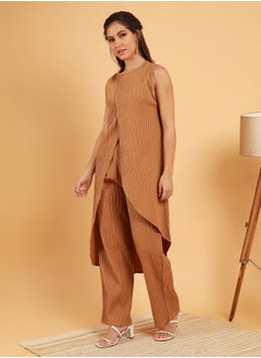  قصة Women's Camel Beige Textured Wrap Kurta With Trousers  - Image 3