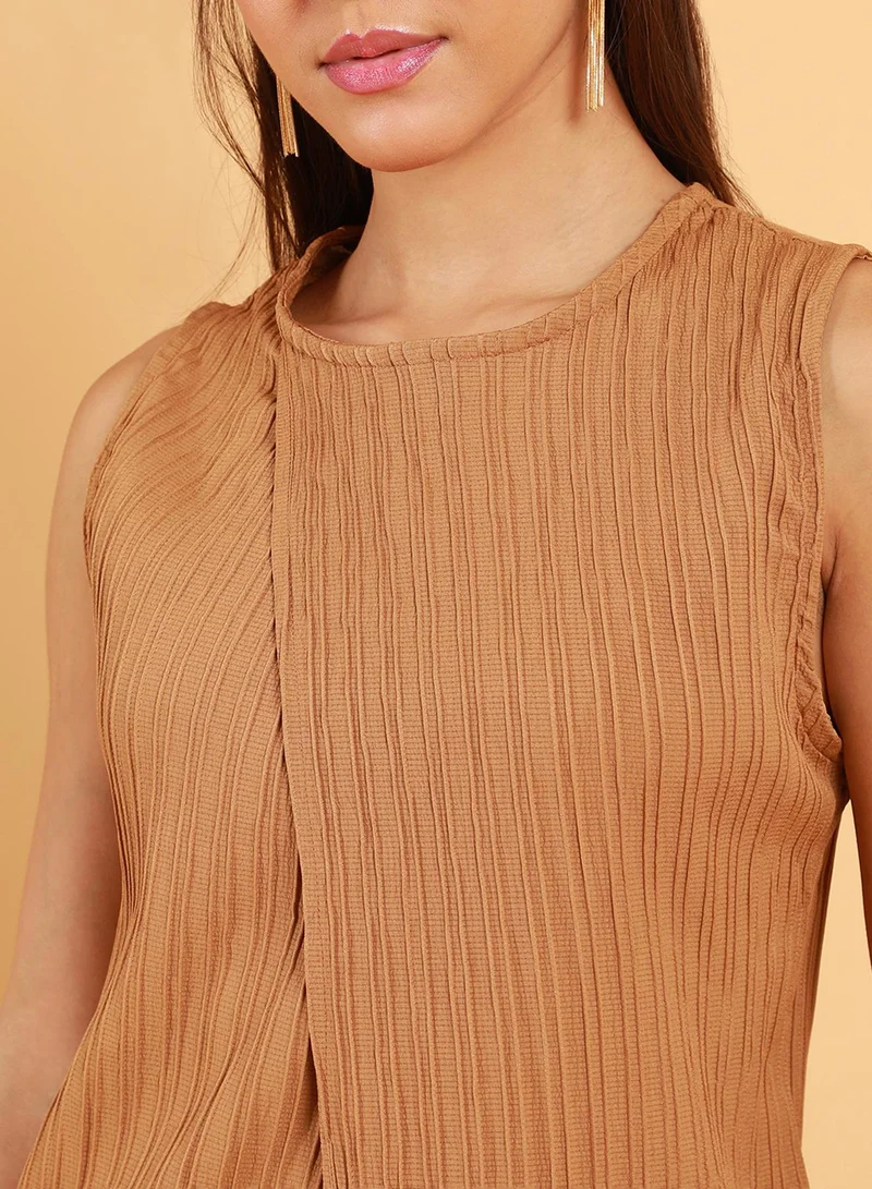 QISSA Women's Camel Beige Textured Wrap Kurta With Trousers For Casual Wear | Round Neck | Sleevesless | 2 Piece Kurta Set Designed With Comfort Fit For Everyday Ethnic Wear
