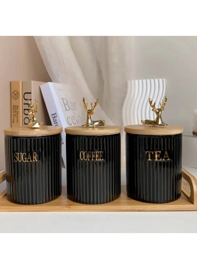Set of 3 jars for tea, coffee and sugar + wooden stand, medium size, porcelain * wooden lid * metal. - Image 2