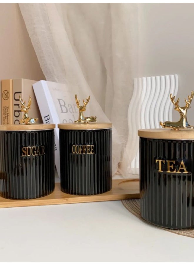 Set of 3 jars for tea, coffee and sugar + wooden stand, medium size, porcelain * wooden lid * metal. - Image 1