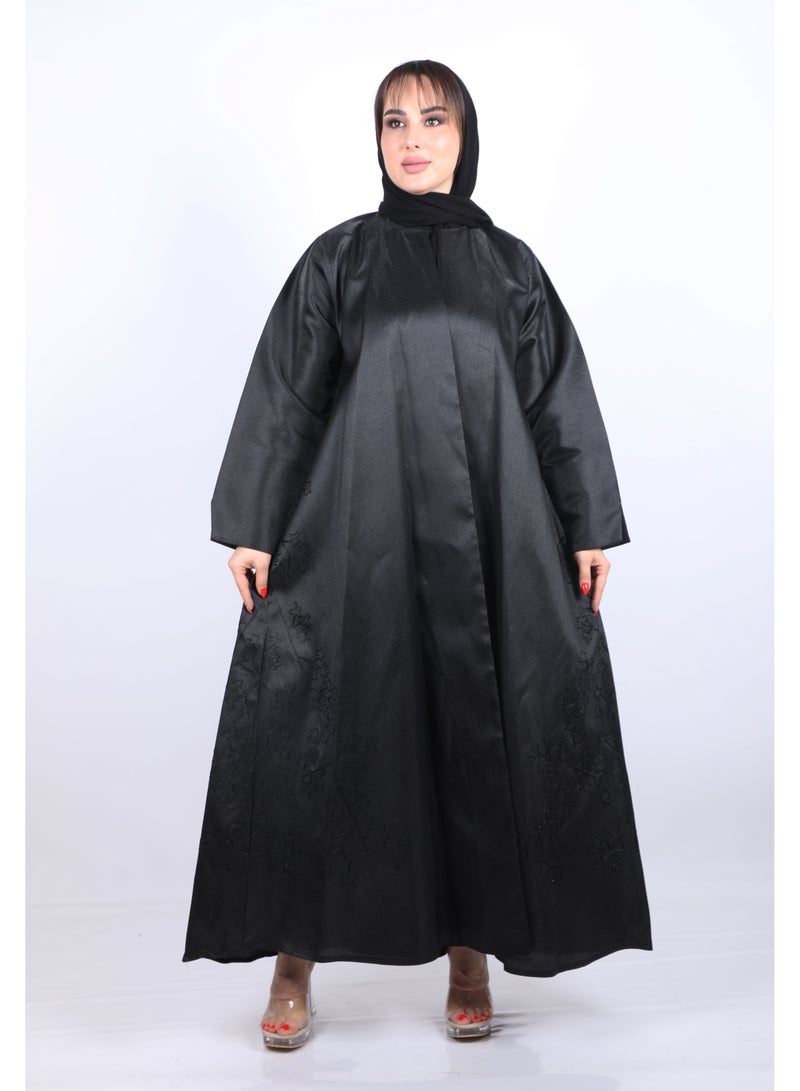 فول جوي عباية  طويلة ذات أناقة عصرية  ولمسات احترافية بأكمام طويلة  مع طرحة ,أسود - Image 1