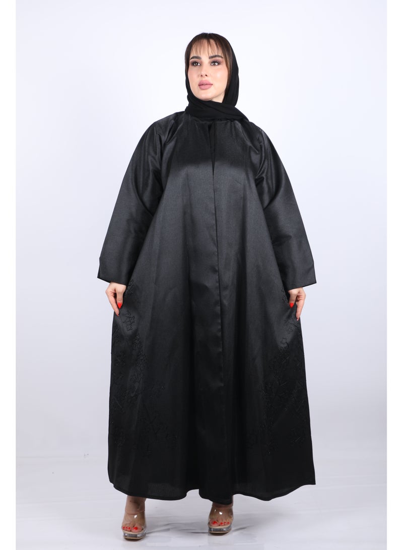 فول جوي عباية  طويلة ذات أناقة عصرية  ولمسات احترافية بأكمام طويلة  مع طرحة ,أسود - Image 3
