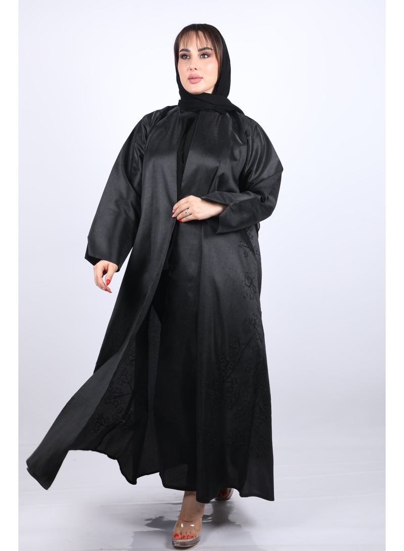 فول جوي عباية  طويلة ذات أناقة عصرية  ولمسات احترافية بأكمام طويلة  مع طرحة ,أسود - Image 2