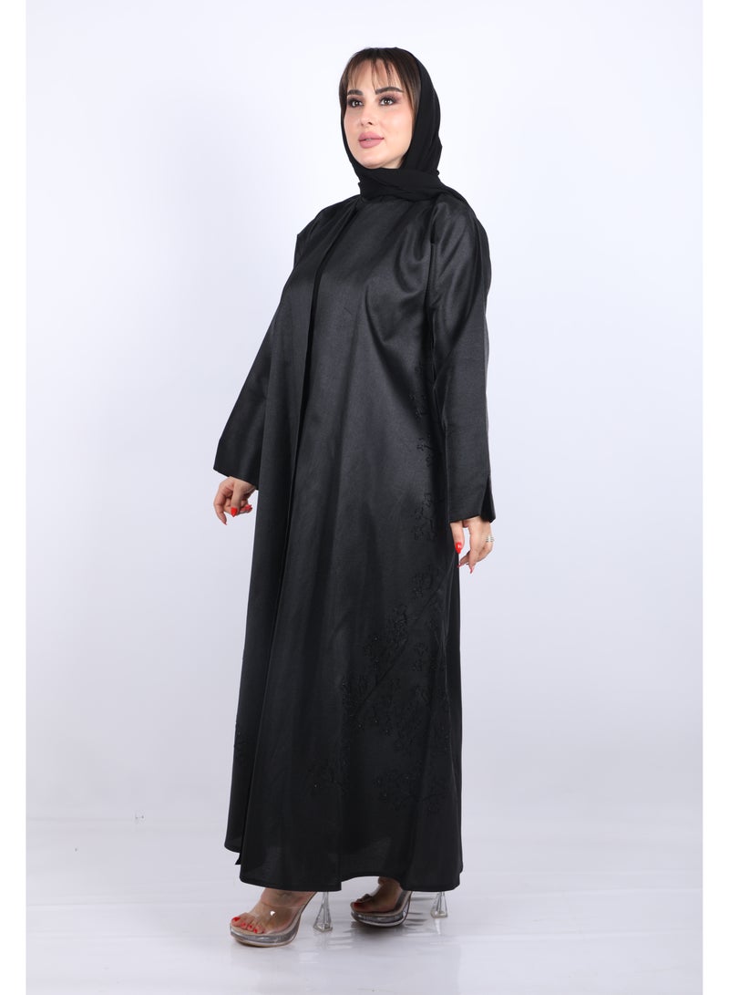 فول جوي عباية  طويلة ذات أناقة عصرية  ولمسات احترافية بأكمام طويلة  مع طرحة ,أسود - Image 4