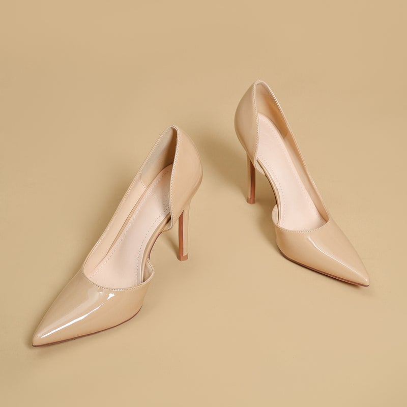 Side Hollow Nude High Heels For Women Girls French Stiletto Heels Versatile Pointed Toe Red Sole Apricot Shoes - Image 1