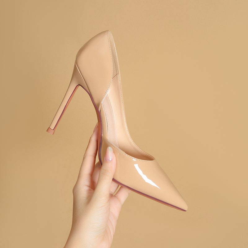 Side Hollow Nude High Heels For Women Girls French Stiletto Heels Versatile Pointed Toe Red Sole Apricot Shoes - Image 5