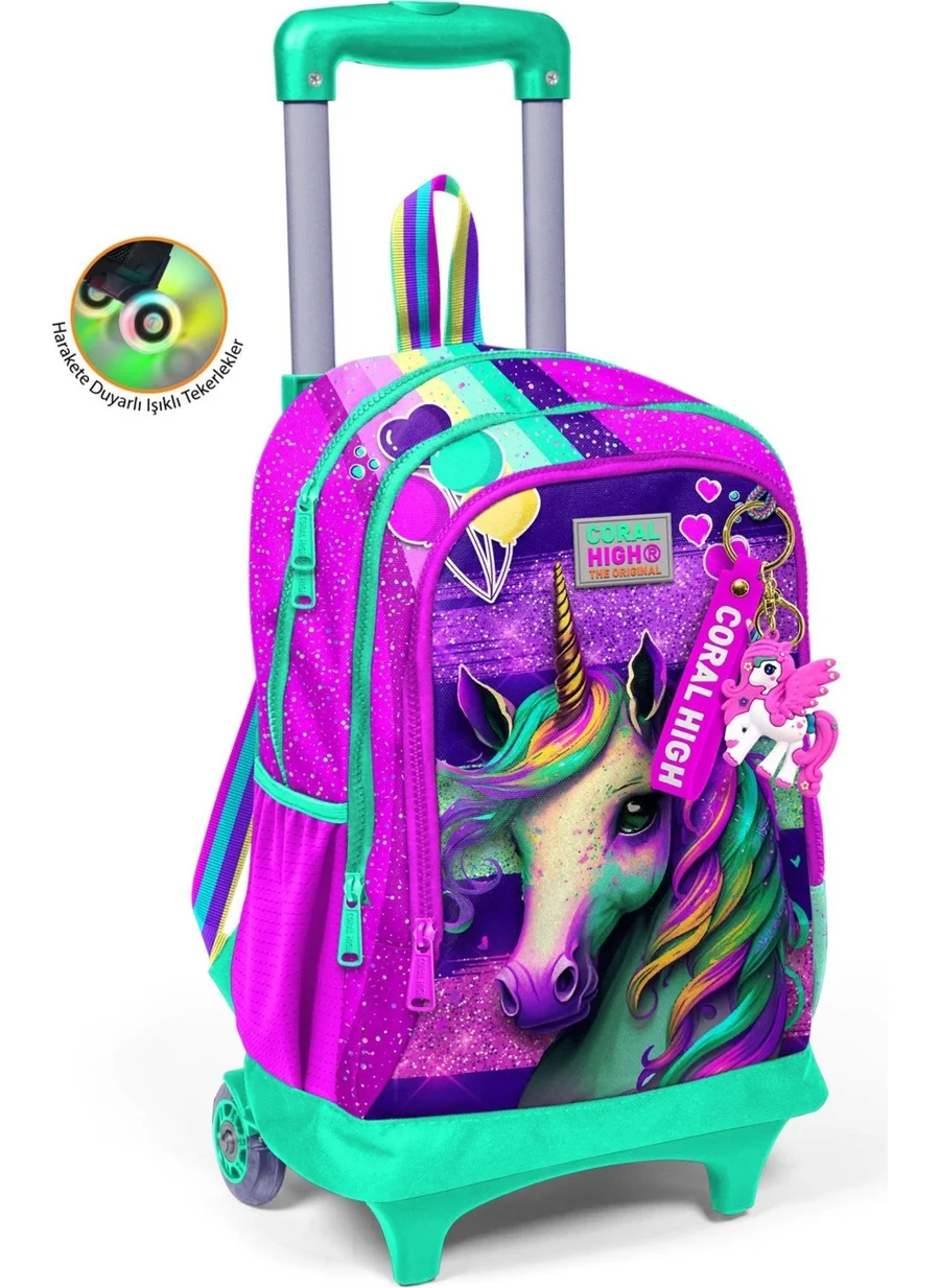 CORAL HIGH Kids Pink Water Green Unicorn Patterned Three-Compartment Squeegee School Backpack