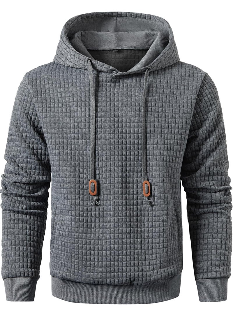 Qichic Men's Hooded Sweatshirt Casual Long Sleeve Drawstring Waffle Knit Pullover Hoodies Dark Grey L - Image 3