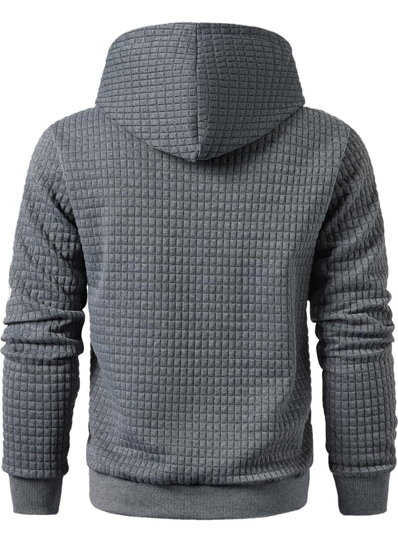 Qichic Men's Hooded Sweatshirt Casual Long Sleeve Drawstring Waffle Knit Pullover Hoodies Dark Grey L - Image 4