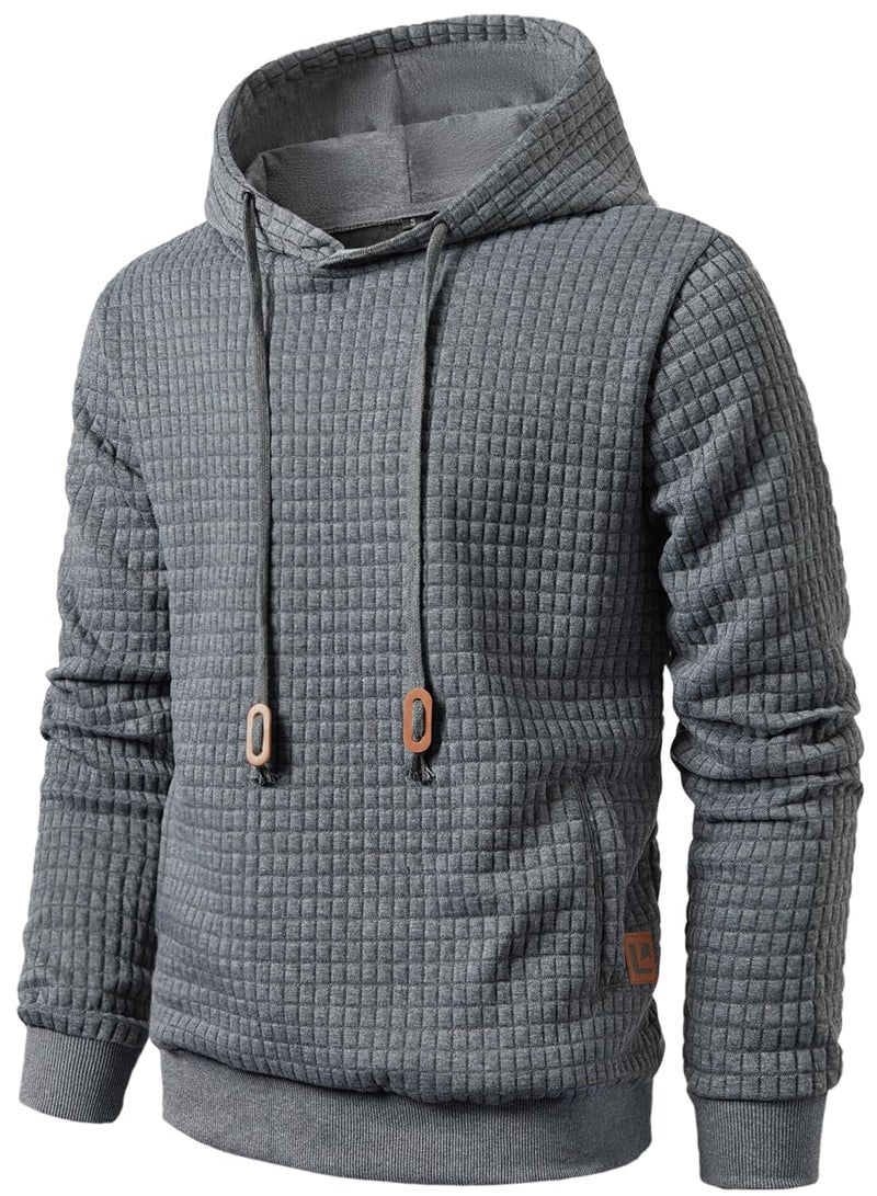 Qichic Men's Hooded Sweatshirt Casual Long Sleeve Drawstring Waffle Knit Pullover Hoodies Dark Grey L - Image 1
