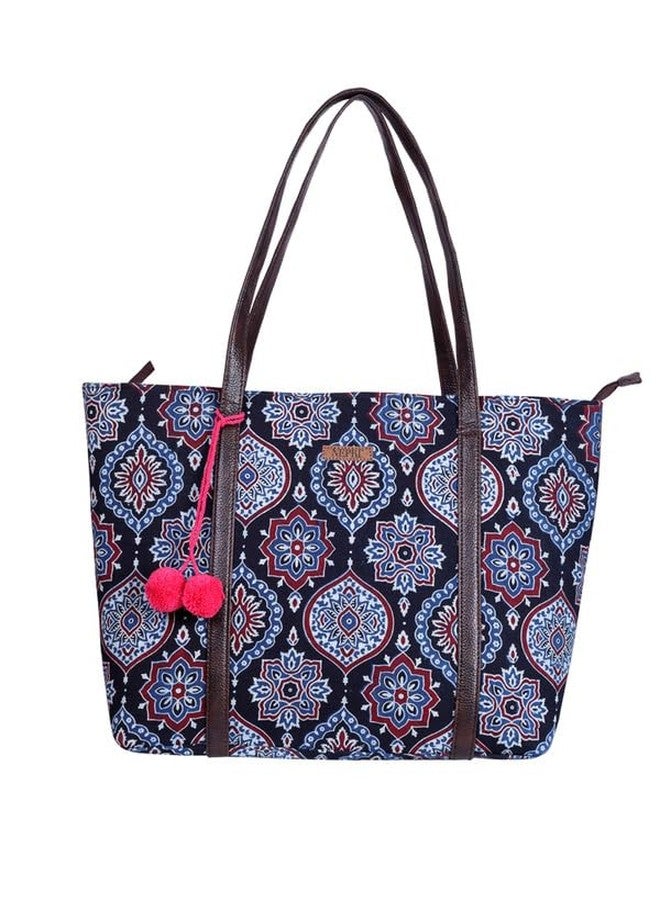 NEPRI Oversized Office Tote Bag | Stylish Tote Bags | Purse for Women | Vegan Leather & Hanblock Printed Fabric Handbag with Double Handle Shoulder Strap| Daily & Travel Use | WJT-011-004 - Image 1