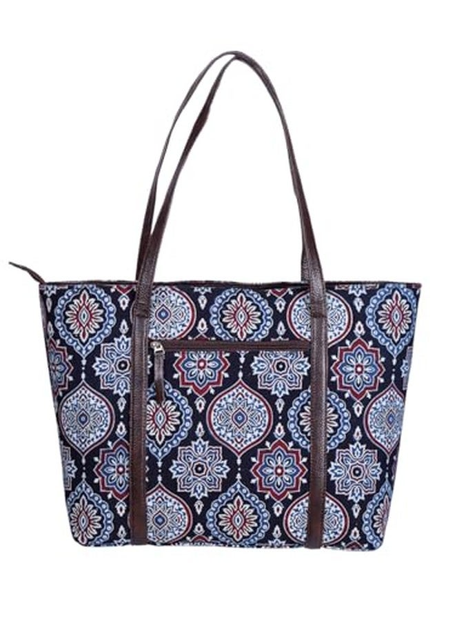 NEPRI Oversized Office Tote Bag | Stylish Tote Bags | Purse for Women | Vegan Leather & Hanblock Printed Fabric Handbag with Double Handle Shoulder Strap| Daily & Travel Use | WJT-011-004 - Image 4