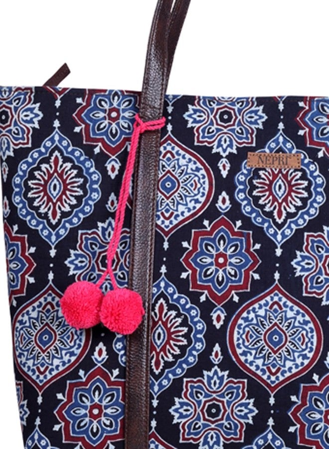 NEPRI Oversized Office Tote Bag | Stylish Tote Bags | Purse for Women | Vegan Leather & Hanblock Printed Fabric Handbag with Double Handle Shoulder Strap| Daily & Travel Use | WJT-011-004 - Image 5